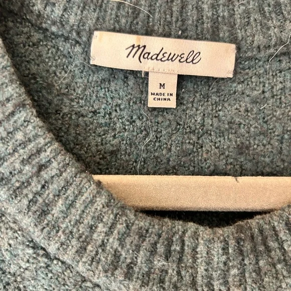 Madewell Teal Bouclé Crewneck Sweater with Pink Floral Stitching - Picture 3 of 4